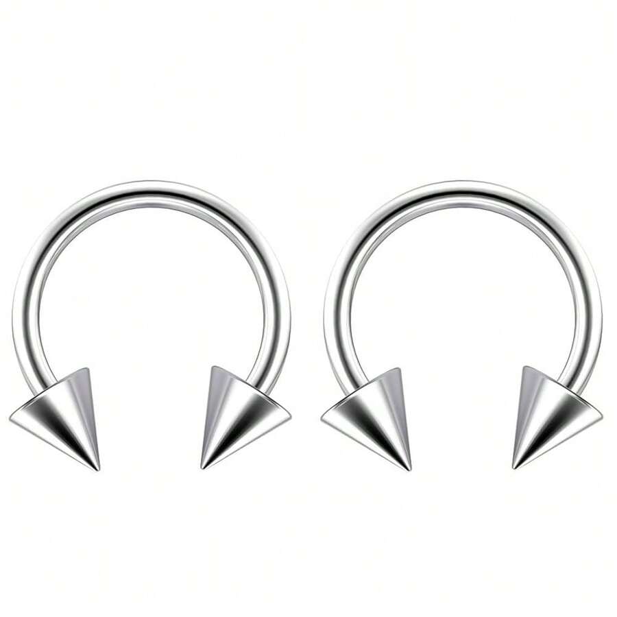 2pc Surgical Stainless Steel Horseshoe Hoop 4mm Spike Circular Barbells Earrings Cartilage Helix Septum Nose Lip Rings Spike (Choose Color, Gauge, Diameter){Inchcolor_nameinch:InchSteel-14g-10mm(2pc)Inch} - Thép-14g-10mm(2 cái) - Xem 1