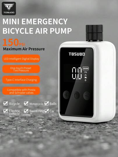  TOSUOD电动自行车/摩托车气泵，带数字显示屏，高压充气，USB/电池双供电，兼容自行车和摩托车；120 PSI迷你轮胎充气泵，带数字压力表，自动断电，兼容法式和美式气嘴，500mAh电池
