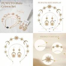 YP Halo Crown - Stars Crystal Godd HeadBand With Earrings Mary Metal Halo Headpiece Celestial Crowns Tiaras For Women Bridal Wedding Costume Cosplay Party Godd Accories - Gold Metal - As Pic - View 1