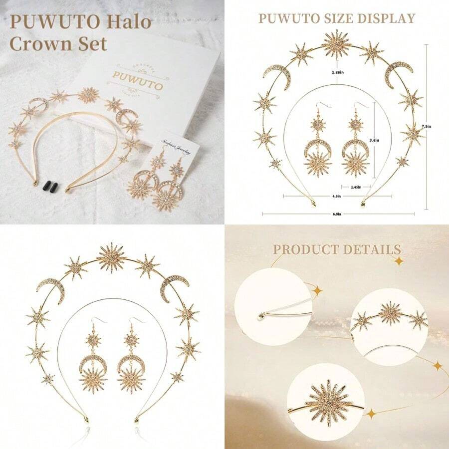 YP Halo Crown - Stars Crystal Godd HeadBand With Earrings Mary Metal Halo Headpiece Celestial Crowns Tiaras For Women Bridal Wedding Costume Cosplay Party Godd Accories - Gold Metal - As Pic - View 1