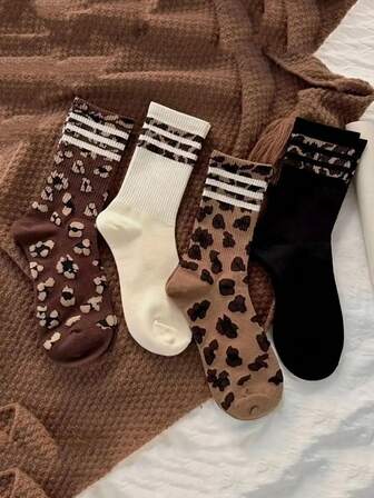 4双波点豹纹百搭防滑中筒袜韩版款适合春秋季