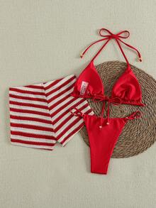 Sultry Sol 2026 Red Three Pieces Swimwear Set For Women, Sexy Fashionable Design With Striped Skirt, Must-Have Flattering Bikini For Summer Beach Trips & Pool Parties, Top Rated Beachwear - Red - View 11