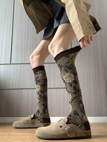 1 Pair Retro French Style Calf-Length Socks With Rose Embroidery, Elegant And Slimming, Suitable For Early Autumn