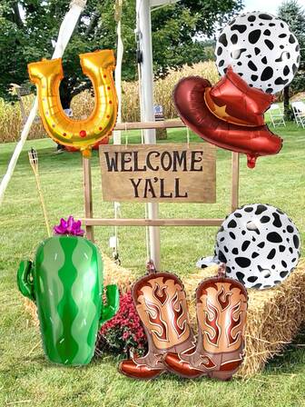 7pcs/Set Western Party Balloons, Including Brown Hat Shaped Balloons, Cactus, Cow Print Balloons, Horseshoe, Cowboy Boot Foil Balloons, Suitable For Wild West Themed Birthday Party, Farm Decor, Bachelorette Party Decor, Ideal For Western Birthday Party, Last Rodeo Bachelor Party Decor, Hanging Decoration Indoor And Outdoor