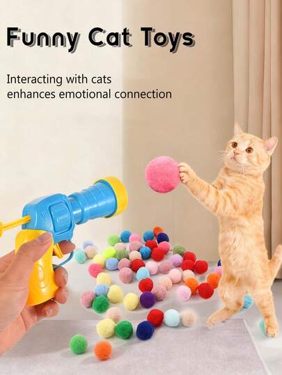 一套迷你毛绒互动猫玩具，彩色几何图案弹性毛绒球游戏，适合所有品种猫咪 - 塑料宠物配件，无需电池，室内猫玩具