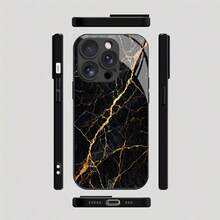 1pc Tempered Glass Material Black Gold Marble Crack Pattern Phone Case Compatible With IPhone 17 Pro Max/17/Air/16/15Plus/14/13/12/11/XR/XS MAX, A16/A15/A14/A13/A12/A11/A55/S21/S22/S24/S25, Redmi K30/K40/K60/K70E/NOTE11, 11/13/14 Protective Cover - Black - View 4