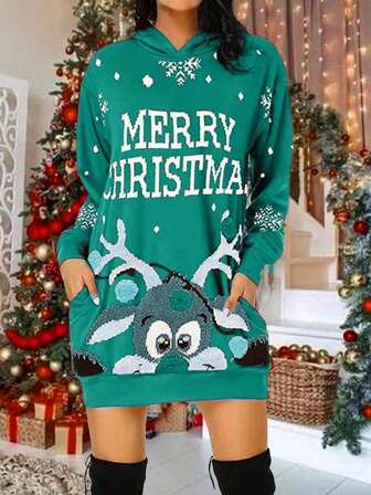 女式可爱鹿图案连帽长款卫衣裙，百搭，长袖，适合圣诞节和秋季