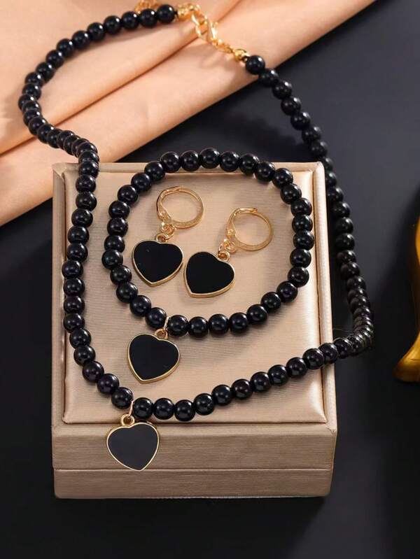 Black Heart Pendant Jewelry Set For Women Necklace, Bracelet & Earrings With Gold Inlaid Edge, High-End Minimalist Style Accessories, Autumn And Winter Jewelry, Christmas Decoration