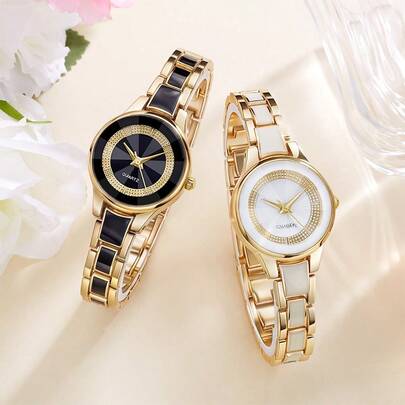 1 pieza Reloj de lujo de marca de moda para damas, elegante reloj de pulsera de acero inoxidable dorado con esfera redonda y movimiento de cuarzo para uso diario y vacaciones, joyería de acero inoxidable para mujeres