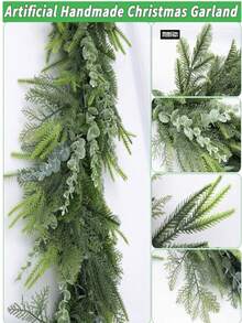 1件手工製作聖誕花環，人造柏樹雪松松針綠植季節性花環，適用於聖誕電視櫃，冬季假期室內/室外聖誕裝飾 - 綠色 - 查看 10