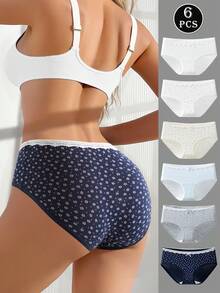 6 pièces/paquet Culottes en coton avec dentelle et nœud mignon pour filles. Slips hanches douces et confortables. - Multicolore - Voir 4