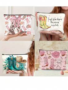Botas y sombrero de vaquero rosa y bolsa de maquillaje con estampado de lazo y cremallera, bolsa de cosméticos y bolsa de aseo - Bolsa de medicina reutilizable de estilo vaquero occidental, bolsa de almacenamiento de estética universitaria para bolígrafos, bolsa de viaje y maquillaje - Para la escuela, la decoración del hogar de verano, la bolsa de aperitivos de 9 "x 6" Bolsa de maquillaje, neceser, bolsa de cosméticos, bolsa de lavado, artículos esenciales de viaje, artículos esenciales de vacaciones para hombres y mujeres