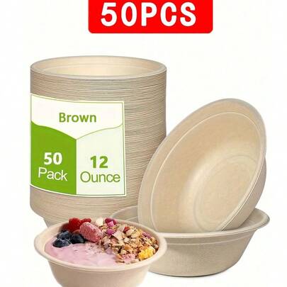 50pcs/Pack Thick 350ml/12oz Paper Bowls, Suitable For Salad, Ice Cream, Dessert And Soup, Applicable For Party, Catering And Daily Use, Also Suitable For Wedding And Graduation Party, Disposable Paper Bowls