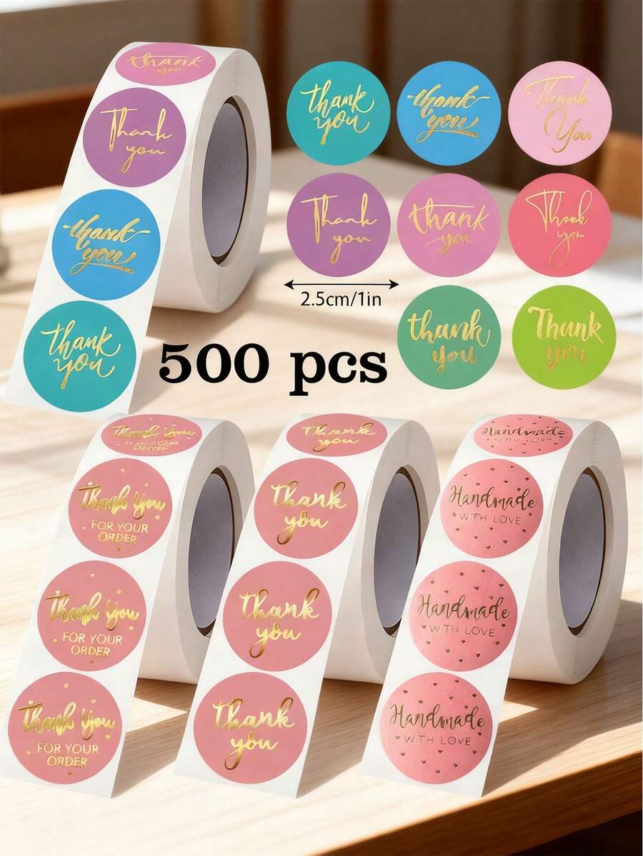 500pcs Colorful Gold Foil Thank You Label Stickers, 1 Inch Round English Thank You Stickers For Candy Bags, Flowers, Gift Boxes, Cake Boxes And Packaging, Wedding, Christmas, New Year And Other Holiday Party Gift Wrapping DIY Decoration PVC Self-Adhesive Sealing Stickers - Thank You for the Gold Foil Stamping - View 1