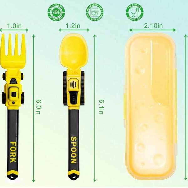 Construction Toddler Utensils - Reusable Plastic Toddler Cartoon Fork And Spoon & Storage Case - Suitable For Kids Utensils - Christmas Gifts And Birthday Gifts