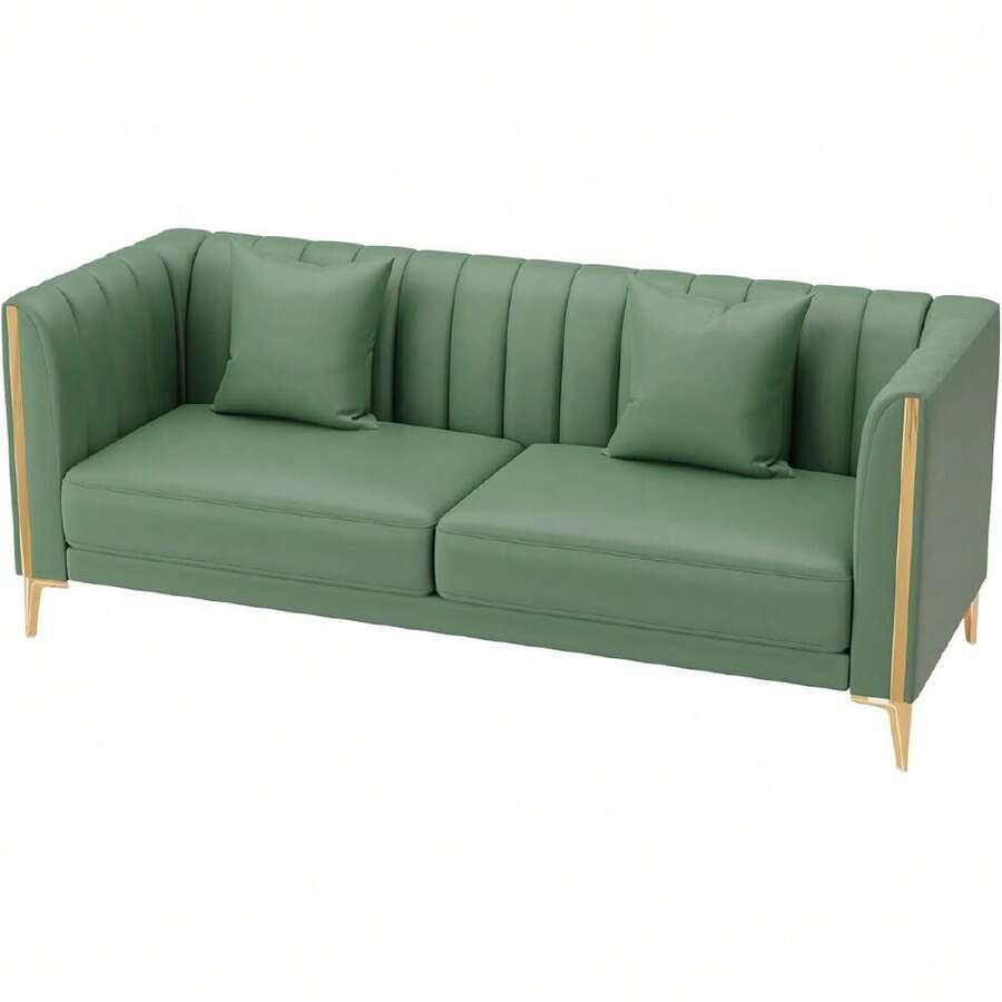 78'' Sofa, Green Couches For Living Room With 2 Throw Pillows, Comfy Faux Leather Couch 3 Seater Sofa With Gold Metal Legs, Modern Sofa Couch Deep Seat Sofas (Green),25014856 - 金色 - 查看 1
