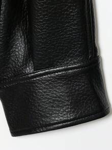 Women's Solid Color Faux Leather Long Sleeve Jacket, Autumn/Winter Black Spring - Black - View 9
