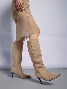 秋冬季尖头时尚百搭麂皮过膝长靴，猫跟 - 卡其色 - 查看 7