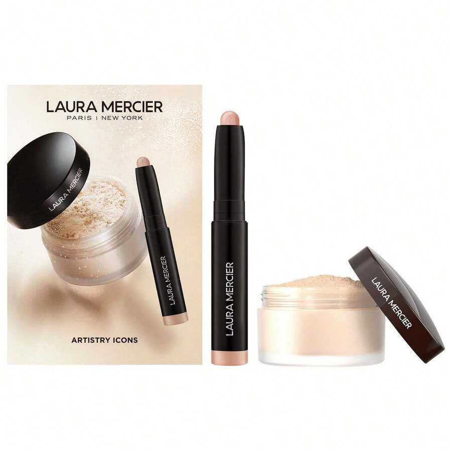 Laura Mercier Artistry Icons Transparent Loose Setting Powder And Caviar Stick Ögonskuggsset | Långvarigt oljekontrollande settingpowder | Felfri matt finish med lätt formula - Ministorlek - Genomskinligt set (Roséguldkaviarpinne ingår) - Visa 1