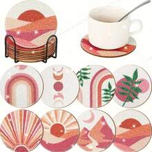 8pcs Diamond Painting Kit With Moon, Sun & Leaf Patterns, DIY Artificial Diamond Painting Coasters With Holders, DIY Crystal Diamond Mosaic Painting Wooden Coasters With Stands, Suitable For Office, Tea Room, Tabletop Anti-Slip Decoration - Multicolor - View 13
