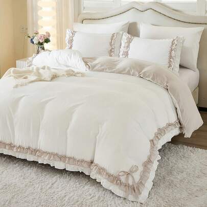 3pcs Cute Bow Ruffled Duvet Cover Set (1 Duvet Cover + 2 Pillow Shams, Comforter Not Included), Vintage Elegant Style Bedding, Bedroom & Room Decor, Ideal Gift, Shabby Chic Home Textile