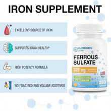 Puregen Labs Ferrous Sulfate 325 Mg (65 Mg Elemental Iron) High Potency Iron Supplement | No Artificial Color Additives - 200 Tablets Made In USA - Flavor NameA - View 4