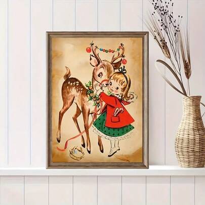 1 pièce Affiche sur canevas d'art vintage avec renne et fille, décoration murale sans cadre pour la salle de classe, la chambre, le salon, le bureau - cadeau parfait pour accrocher au mur pendant les fêtes