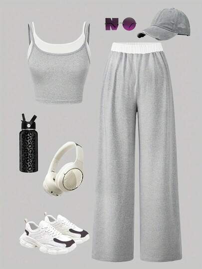 Teenagers' Clothing, European And American Splicing Camisole Vest And Drape Trousers Two Pieces Set, Light And Breathable, Teen Girl Suit