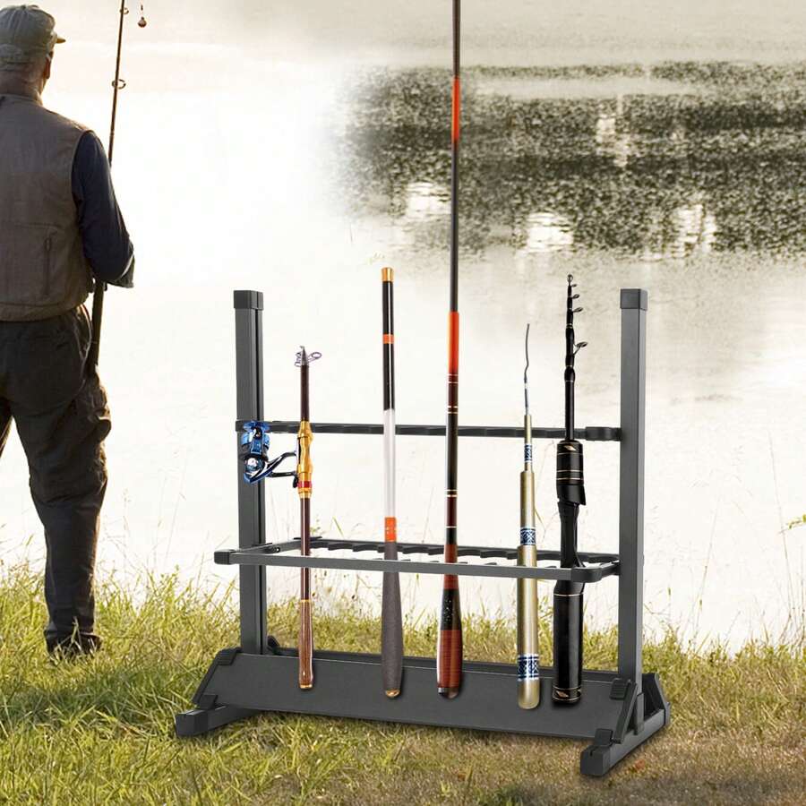 JUSODIN Rutenhalter, tragbarer Angelrutenständer mit 24 Fächern, freistehender Rutenständer, mattgrau, 72 * 33 * 72 cm, zur Verwendung auf Schiffen, LKWs oder SUVs, zu Hause oder in Garagen Angelrutenhalter, tragbarer Angelrutenhalter, Angelrutenständer - Grau - Übersicht 1