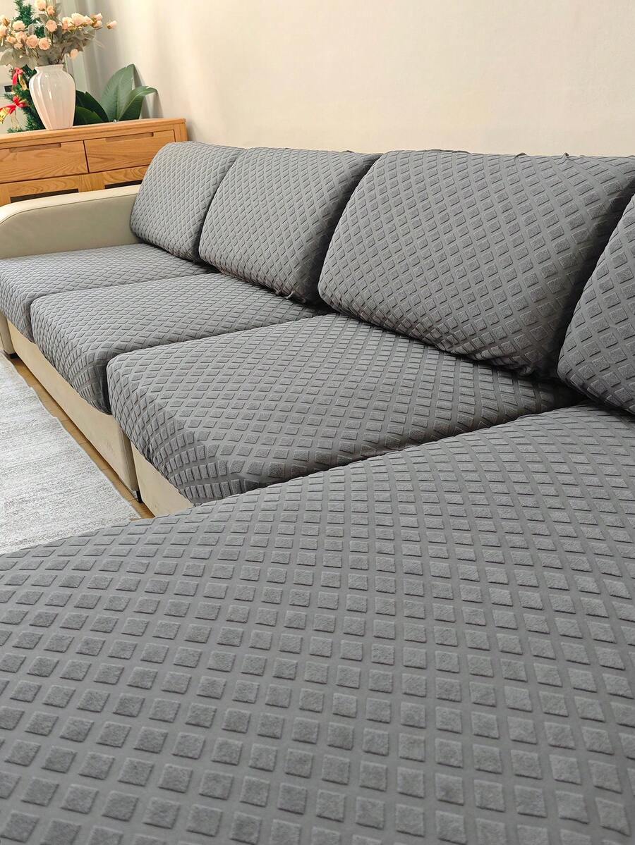 1pc Autumn/Winter Large Houndstooth Jacquard Sofa Seat Cushion Cover, Leaf Embossed, Elastic Removable & Machine Washable, Suitable For Bedroom Living Room Sofa Cushion, Home Decor - Grey - View 1