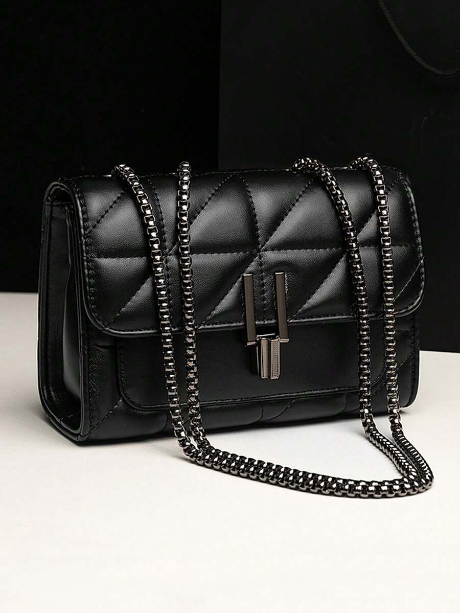 LEATVOOK Fashionable,Minimalist,Casual,Mini Square Bag Quilted Chain Flap PU Classic Quilted Detail Square Bag, Solid Color Flap Shoulder Bag, All-Match Chain Bag For Girl, Teen GirlsBest Mother's Day And Valentine's Day. - 黑色 - 查看 1