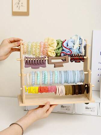 1pc Wooden Desktop Jewelry & Hair Accessory Organizer Rack, Minimalist Design Large Capacity Hair Tie, Scrunchie, Headband, Clip Storage Holder, Multi-Function Jewelry Display Stand, Easy Assembly, Space-Saving