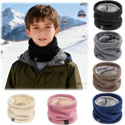 1条优雅纯色涤纶围巾，带天鹅绒衬里 - 弹力针织围脖，男女童皆宜，户外保暖，80%涤纶，20%氨纶，可机洗