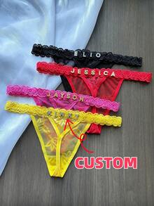 Customized Crystal Letter Name Thong, Personalized Name Sexy Lace Women's Bikini Panties Tanga, Customized Name Underwear Briefs T-Back, Gift For Girlfriend, Wife, Valentine's Day, Christmas, Halloween, Thanksgiving, Birthday, Anniversary - Hot Pink - View 8
