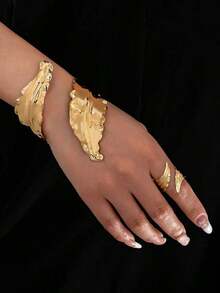 1 Set Exaggerated Luxury Textured Asymmetric Heavy Metal Leaf Bracelet And Ring Jewelry Set Fashionable Elegant Accessories For Women Daily Wear - Vàng - Xem 7