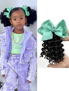 1pc Cute Girl Braided Ponytail Wig, Synthetic Hair Extension With Bow Decor Ribbon, Detachable & Reusable, Ideal Gift (Bow Color Options: Orange, Blue, Yellow, Red, Pink, Turquoise, Light Purple), Halloween - Black - View 11