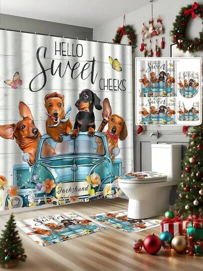 1/4 Pcs Dog Shower Curtain Set, Waterproof Shower Curtain With 12 Hooks, Non-Slip Bathroom Rug, Toilet U-Shaped Mat, Toilet Lid Cover, Bathroom Decor, Bathroom Curtain Set, Bathroom Accessories, Bathroom Divider, Decorative Accessories, Modern Home Room Decor, Hanging Curtain, Suitable For Home Decor, Bathroom Decor, Christmas Decor, Holiday & Daily Decor