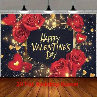 2D平面单件情人节横幅 - 红玫瑰与金色闪光爱心设计，适用于生日、周年纪念、庆祝派对，涤纶面料背景，无需用电，情人节装饰，浪漫活动装饰，节日浪漫风格，优雅庆典面料，轻便装饰，2D平面