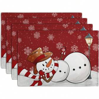 4PCS Christmas Red Snowman Snowflake Christmas Placemat, Made Of Polyester, Snowman Red And White Decorative Placemat, Seasonal Winter Linen Table Mat, Christmas Holiday Snow Farmhouse Country Restaurant Placemat Suitable For Parties, Kitchen, Restaurant, Outdoor And Indoor Decoration.