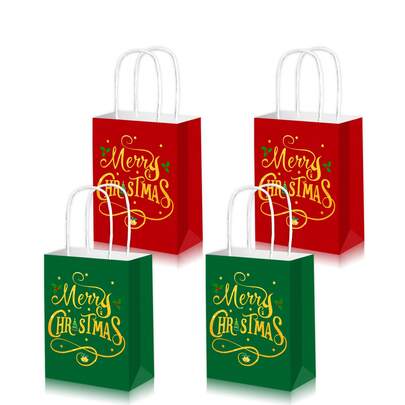 4pcs Christmas Kraft Paper Bag Set, Gold "Merry Christmas" Party Gift Bags With Handles, Red & Green Candy Bags For Winter Christmas Supplies