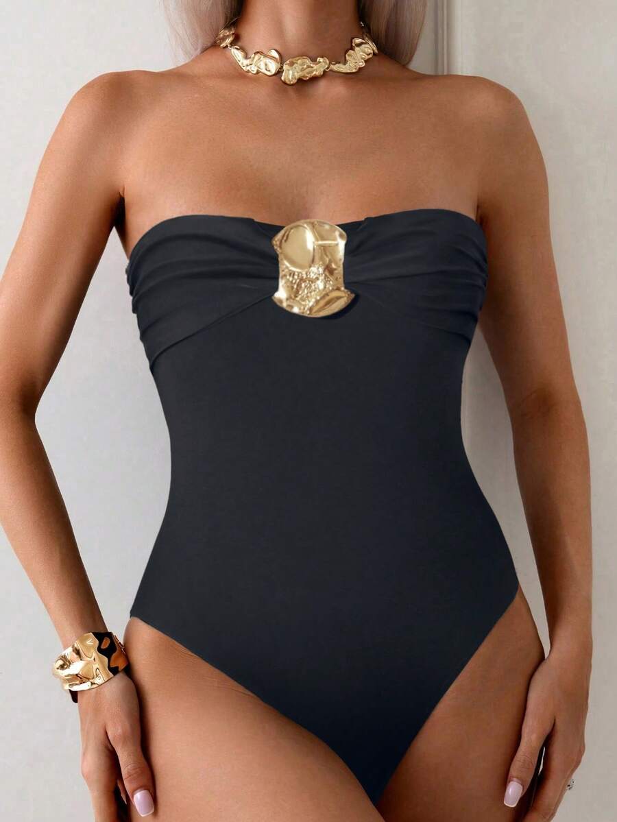 Bikinx Women's Solid Color Ruched Detachable Strap Sexy One-Piece Swimsuit With Metal Decor Vacation Beach Black Summer
