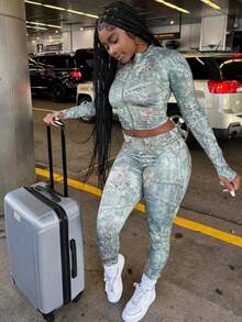 Autumn Retro Style Fashion Slim Fit Floral Pattern Cropped Top Tight Trousers Daily Street Women's Suit