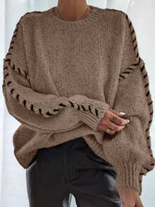 EAVA Autumn/Winter Solid-Color Soft Oversized Drop-Shoulder Crewneck Pullover With Hand-Stitched Hem,Valentine's Day,Valentine Outfits For Women,Valentine Clothes - Coffee Brown - View 1