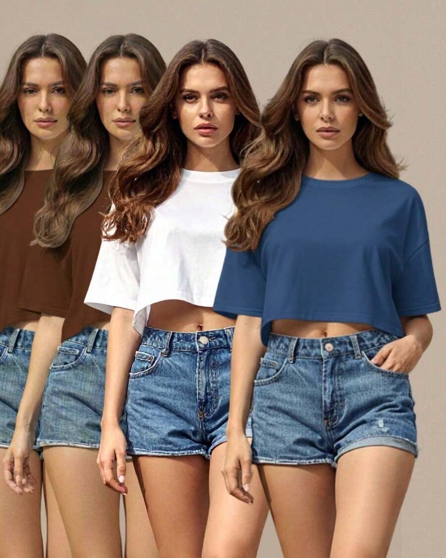 Kit 4 Cropped Camiseta Feminina Basica em algodão blogueirinha gringa verão look outfit - 2 Marrons 1 Branco 1 Azul Jeans - Visão 1