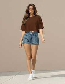 Kit 4 Cropped Camiseta Feminina Basica em algodão blogueirinha gringa verão look outfit - 2 Marrons 1 Branco 1 Azul Jeans - Visão 10