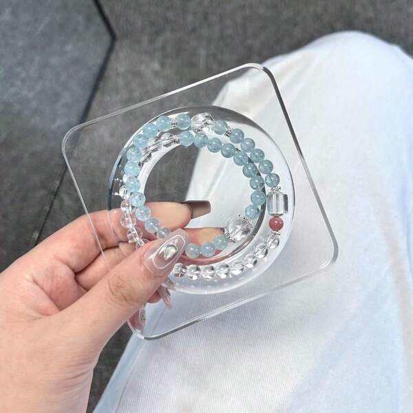 1 pieza Brazalete de doble círculo con cristal blanco falso y aguamarina, regalo de joyería de moda para amigos