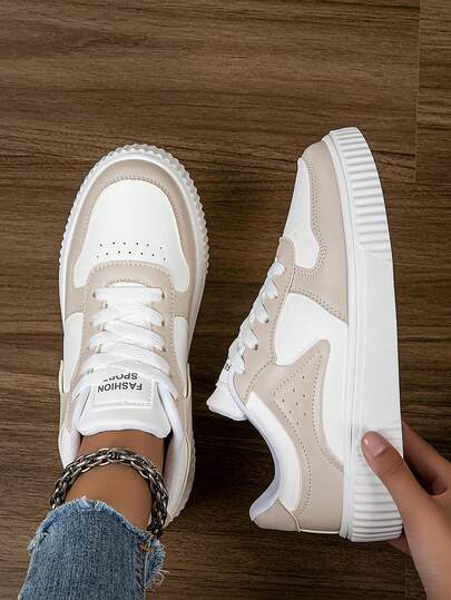 Women's Fashion Casual Lace-Up Sneakers Low-Top Breathable Color Block Athletic Shoes, Lightweight & Comfortable Skate Shoes