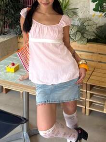 Women Fairy Grunge Y2k Babydoll Shirt Cap Sleeve Micro Polka Dot Tie Back Flowy Babydoll Top Preppy Clothes - 粉色 - 查看 7