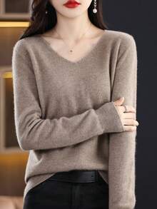 100% 美利奴羊毛女士毛衣 V 领套头衫 一线成衣休闲长袖无缝针织毛衣 - Volcanic Gray - 查看 3