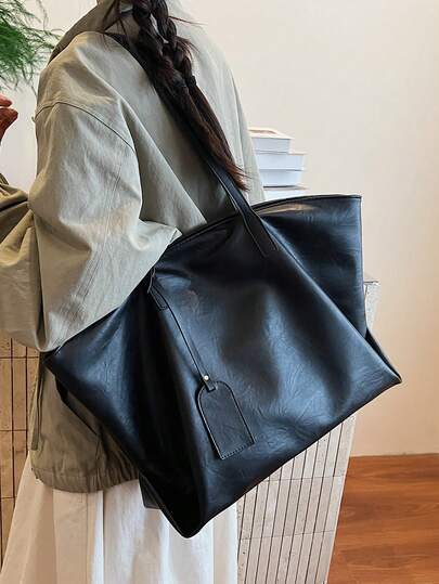 时尚简约大容量拼色拉链单肩托特包，休闲百搭，适合日常使用、通勤、工作、学校、大学